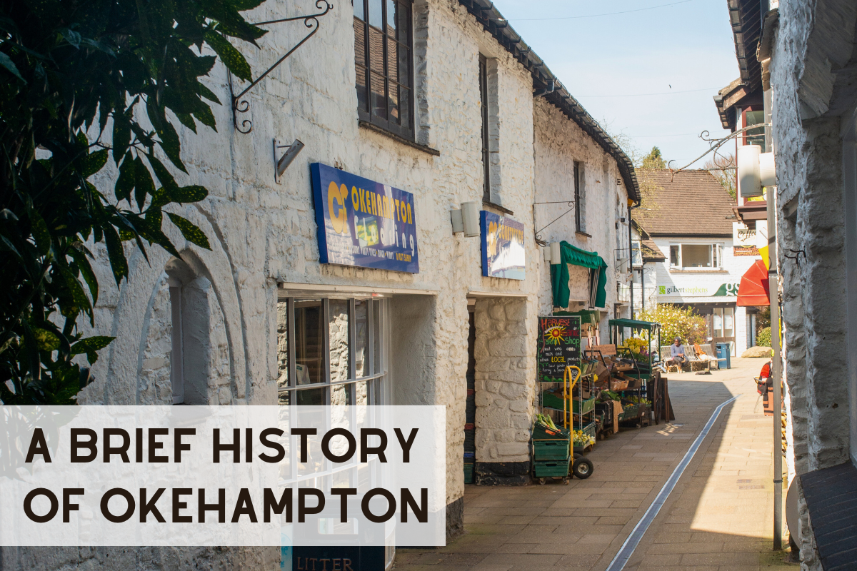 Photo of the Red Lion Yard in Okehampton overlaid with text "A brief history of okehampton"